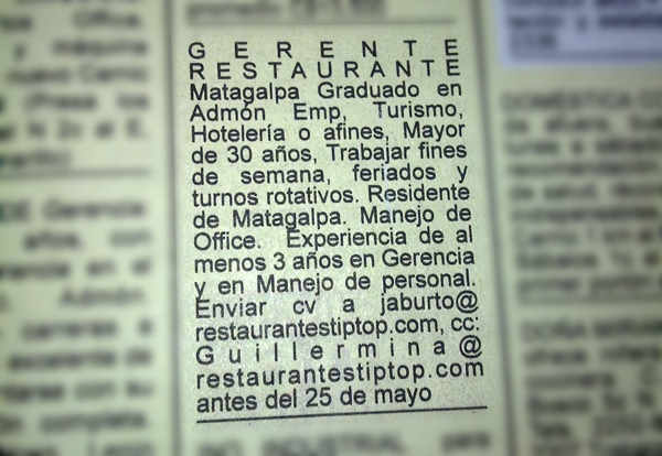 Tip Top busca nuevo Gerente en Matagalpa